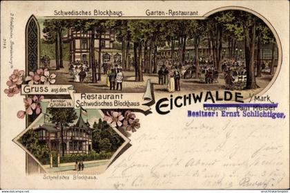 Lithographie Eichwalde in der Mark, Restaurant Schwedisches Blockhaus, Inh. Paul Meiser, Ernst Schlichtiger