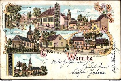 Lithographie Wernitz Wustermark im Havelland, Kirche, Dorfstraße, Schule