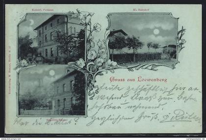 Mondschein-AK Loewenberg, Beamten-Häuser, Bahnhof und Postamt