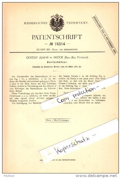 Original Patent - Gustav Adami in Brück b. Potsdam , 1881 , Bartschützer , Bart !!!