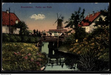 AK Brunsbüttel, Partie am Fleth, Windmühle, Brücke