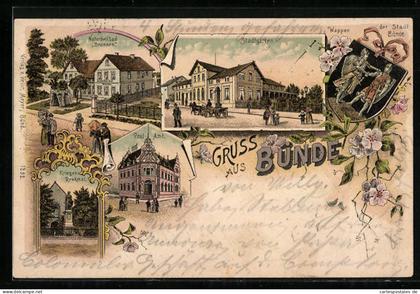 Lithographie Bünde, Stadtgarten, Postamt, Naturheilbad Brunnen