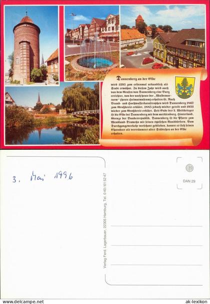 Ansichtskarte Dannenberg (Elbe) Turm, Brunnen, Straße, Jeetzelpartie 1996