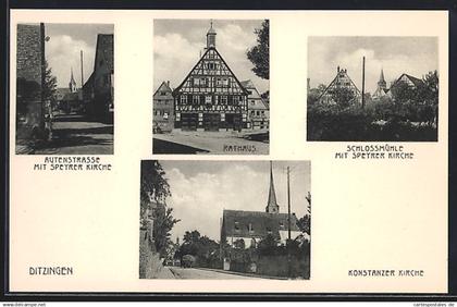 AK Ditzingen, Autenstrasse mit Speyrer Kirche, Schlossmühle und Rathaus