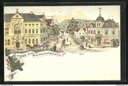 Lithographie Grosszschachwitz b. Dresden, Strasse mit Gasthof von Aug. Pinnow und Geschäft von W. O. Guhrmüller