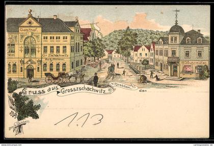 Lithographie Grosszschachwitz b. Dresden, Strasse mit Gasthof von Aug. Pinnow und Geschäft von W. O. Guhrmüller