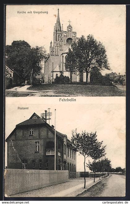 AK Fehrbellin, Kirche mit Umgebung, Postamt