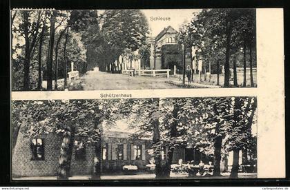 AK Fehrbellin, Schleuse mit Strasse und Passant, Gasthaus Schützenhaus mit Gästen