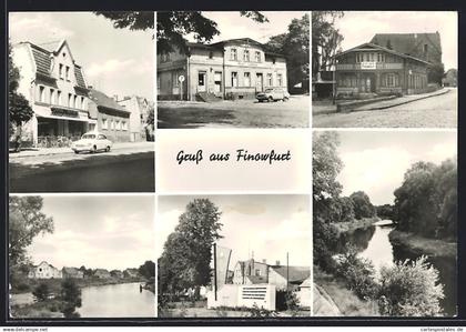 AK Finowfurt, Ortsansichten mit Kaufhaus, Hirsch-Apotheke, Gedenkstätte