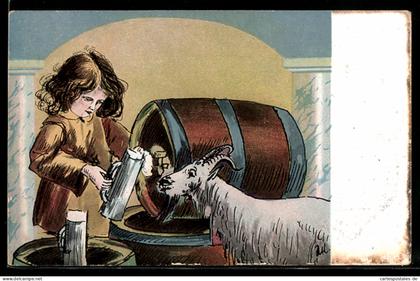 AK Flöha, Mädchen und Ziege bei Bierfässern