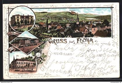 Lithographie Flöha, Gasthof Flöha, Bahnhof, Königl. Amtshauptmannschaft
