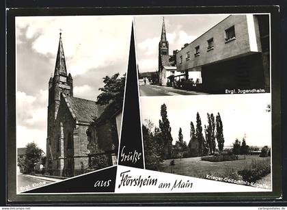 AK Flörsheim a. Main, Evangelische Kirche, Evgl. Jugendheim und Krieger-Gedächtnis-Kapelle