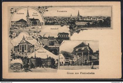 AK Freinsheim, Panorama, Eisenthor, Rathaus, Bahnhof