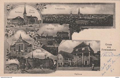 Gruss aus Freinsheim - Rathaus, Bahnhof, Schulhaus... Litho