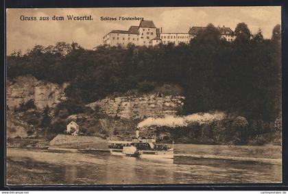 AK Fürstenberg / Weser, Blick auf Schloss Fürstenberg mit Fluss und Dampfer