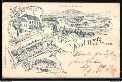 Lithographie Fürstenberg a. d. Weser, Panorama von der Terrasse, Hotel Fürstenberg, Inh. Kues
