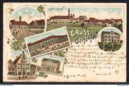 Lithographie Geisenfeld, Post und Gasthof Fuchsbüchler, Krankenhaus, Knabenschule, Marktplatz