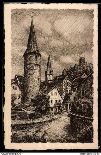 Künstler-AK Gemünden am Main, Südostturm der alten Stadtbefestigung