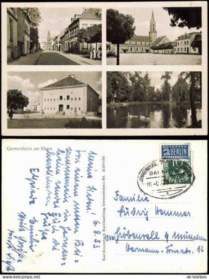 Ansichtskarte Germersheim 4 Bild Straßen u. Plätze 1953  gel. Bahnpoststempel