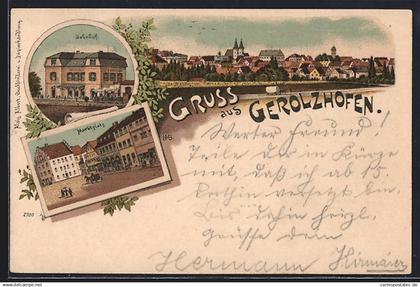 Lithographie Gerolzhofen, Bahnhof, Marktplatz, Totalansicht