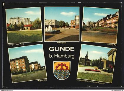 AK Glinde / Hamburg, Havinghorster Weg, Marktplatz, an der Au, Wiesenfeld und evangelische Kirche und Kapelle