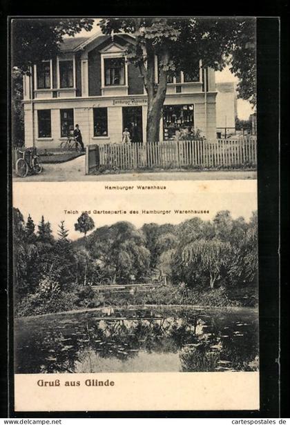 AK Glinde, Hamburger Warenhaus, Teich und Gartenpartie