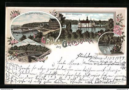 Lithographie Glücksburg, Standhotel und Logierhaus, Schloss Glücksburg, Brücke bei Quellenthal