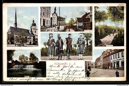 AK Gössnitz i. A., Mittelstrasse, Uferstrasse, Wehr, Tannicht, Kirche