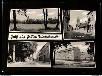 AK Golssen /Niederlausitz, Bahnhofstrasse, Berliner Strasse mit Denkmal, Ortsansicht
