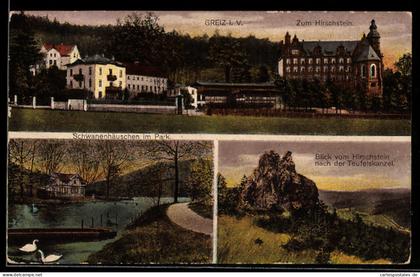 AK Greiz i. V., Pension Zum Hirschstein, Bes. Wa. Ullmann, Schwanenhäuschen im Park, Blick Hirschstein zur Teufelskan