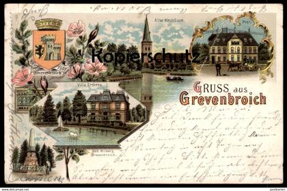 ALTE LITHO POSTKARTE GRUSS AUS GREVENBROICH POST ALTER KIRCHTHURM VILLA ERCKENS DENKMAL postcard Ansichtskarte cpa AK