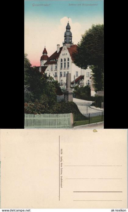 Ansichtskarte Großröhrsdorf Rathaus und Kriegerdenkmal 1913
