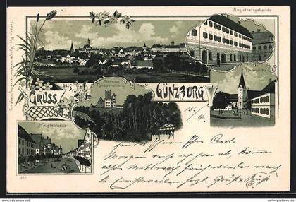Lithographie Günzburg, Ortsansicht, Magistratsgebäude, Hauptstrasse