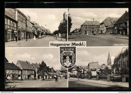 AK Hagenow /Meckl., Wilhelm.Pieck-Strasse, Am Mühlenteich, Wappen