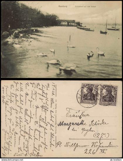 Ansichtskarte Hamburg Schwäne auf der Alster Bootsstation 1920