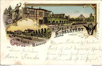 Lithographie Hamburg Eimsbüttel Eidelstedt, Bahnhof, Gleisseite, Bahnhof-Restaurant