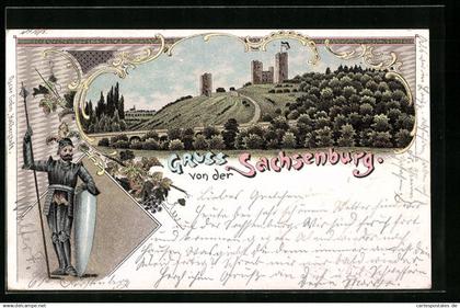 Lithographie Heldrungen, Sachsenburg, Ritter in Rüstung