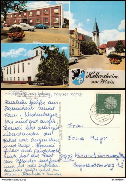 Ansichtskarte Hattersheim am Main Rathaus Straße Kirchen 1975