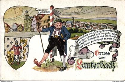 Artiste CPA Lauterbach an der Lauter Vogelsbergkreis, Wanderer, Marktplatz, Blason