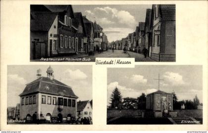 CPA Bürstadt in Hessen, Restaurant Heinrich Bub, Rathaus, Ehrenmal