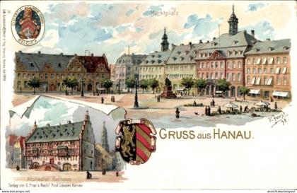 Gaufré Blason Artiste Lithographie Joost, R., Hanau Main Kinzig Kreis, Rathaus, Marktplatz