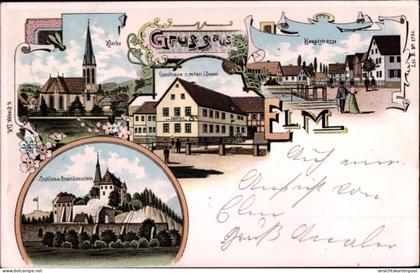 Lithographie Elm Schlüchtern im Main Kinzig Kreis, Kirche, Schloss Brandenstein, Gasthaus zum roten Löwen