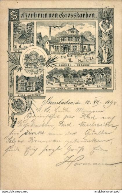 Lithographie Groß Karben in Hessen, Selzerbrunnen, Brunnen-Gebäude, Tivoli, Villa Laurenze, Gasthaus