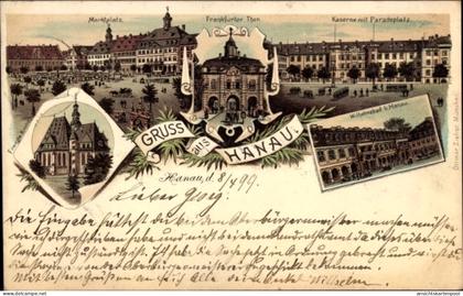 Lithographie Hanau im Main Kinzig Kreis Hessen, Markt, Frankfurter Tor, Kaserne, Wilhelmsbad