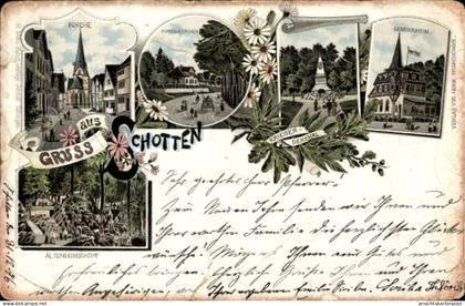 Lithographie Schotten im Vogelsbergkreis Hessen, Kirche, Lehrerheim, Kriegerdenkmal