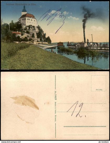 Ansichtskarte Hirschstein Schloss mit Raddampfer auf Fluss 1912