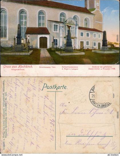 Ansichtskarte Hochkirch Bukecy Kirche und Kriegerdenkmäler 1919