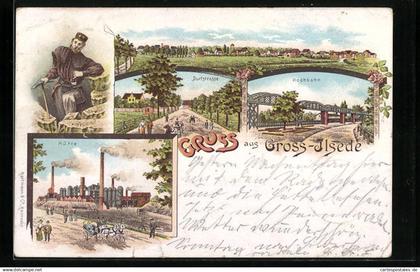 Lithographie Gross-Ilsede, Hütte, Dorfstrasse, Hochbahn, Totalansicht