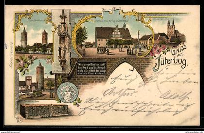 Lithographie Jüterbog, Nicilaikirche, Rathaus & Kriegerdenkmal, Stadtthürme