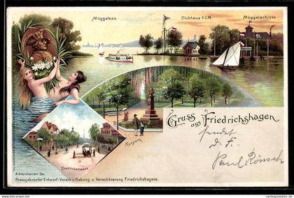 Lithographie Berlin-Friedrichshagen, Müggelsee mit Dampfer, Friedrichstrasse, Kurpark